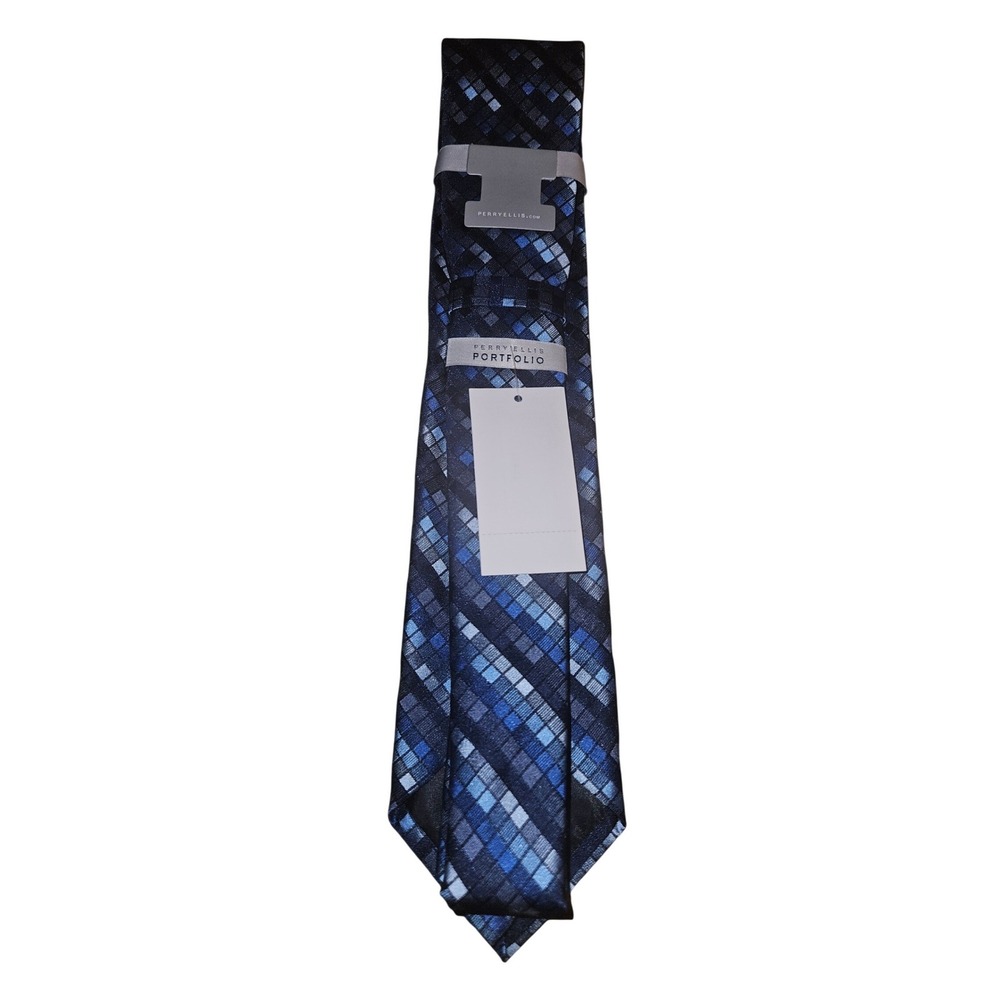 Perry Ellis Portfolio Men Blue Geometric Diamond Pattern‎ Silk Blend Necktie